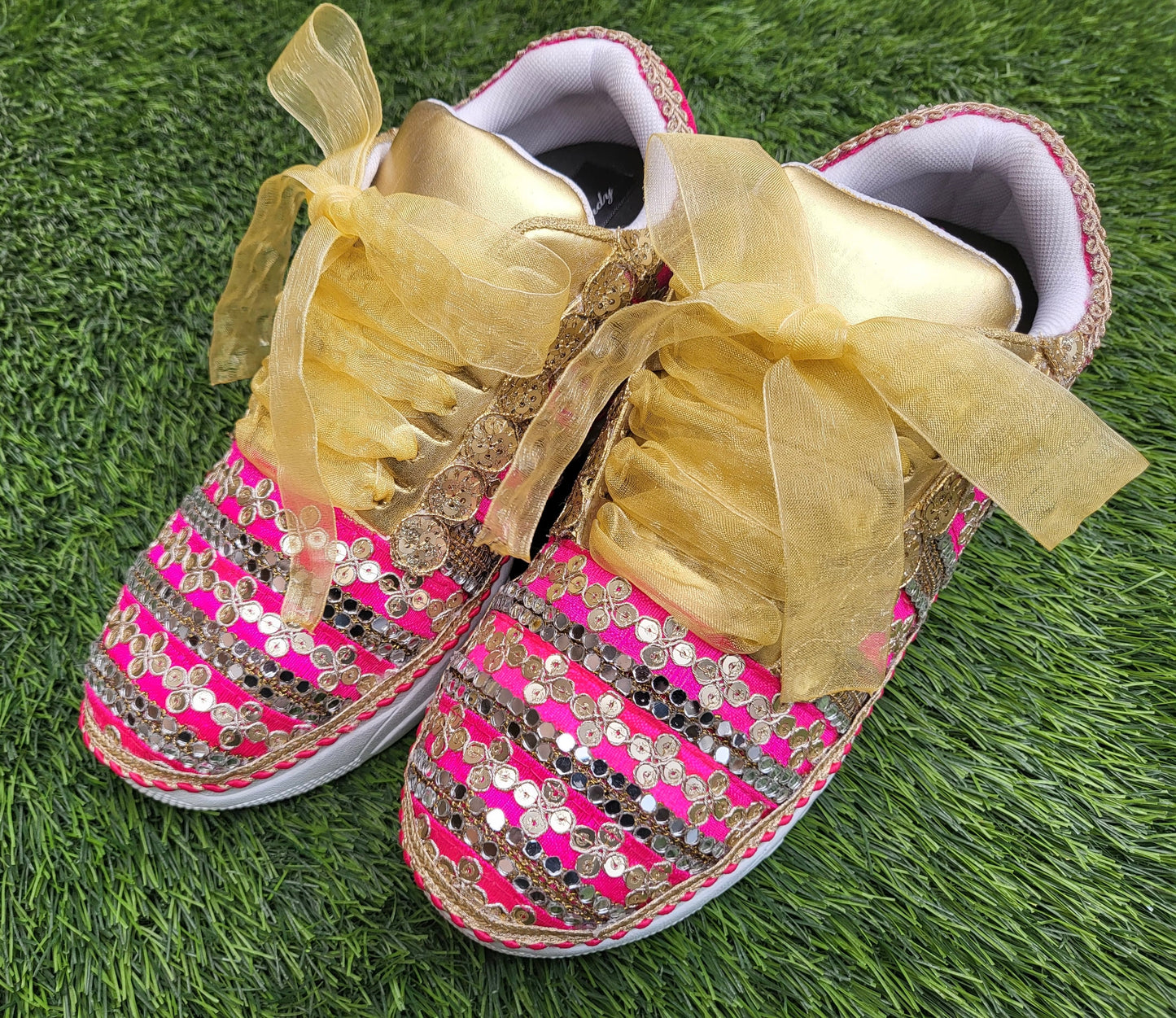 Funky N Trendy Hot pink zari work with mirror detailing bridal sneakers/ bridesmaid sneaker / golden sneakers/ hot pink sneakers / pink shoes for bride/ rani pink sneakers