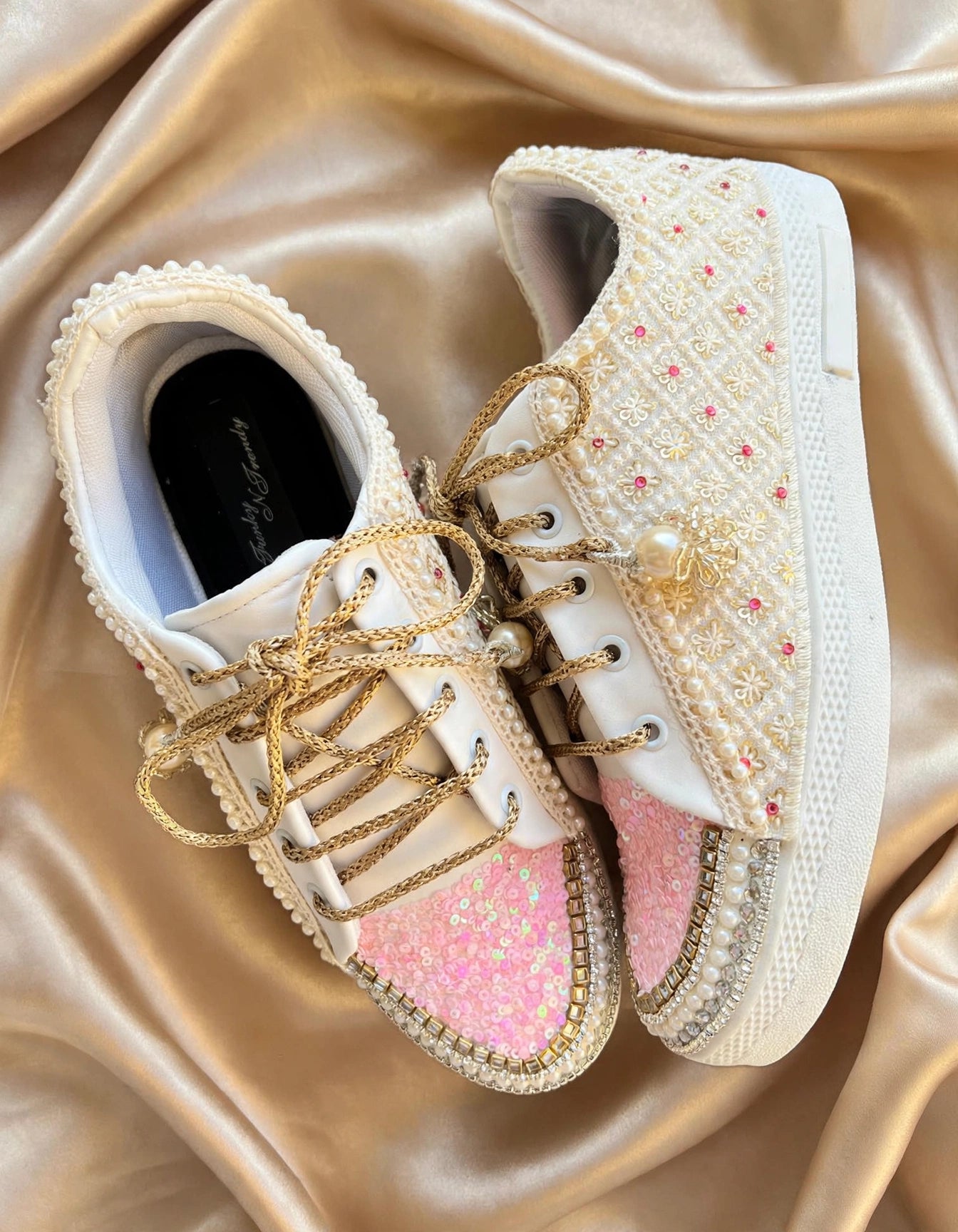Funky N Trendy ivory and pink embroidery work bridal sneakers/ bridesmaid sneaker / golden sneakers/ pink sneakers / sequine work sneakers/ pink shoes
