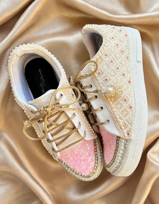 Funky N Trendy ivory and pink embroidery work bridal sneakers/ bridesmaid sneaker / golden sneakers/ pink sneakers / sequine work sneakers/ pink shoes