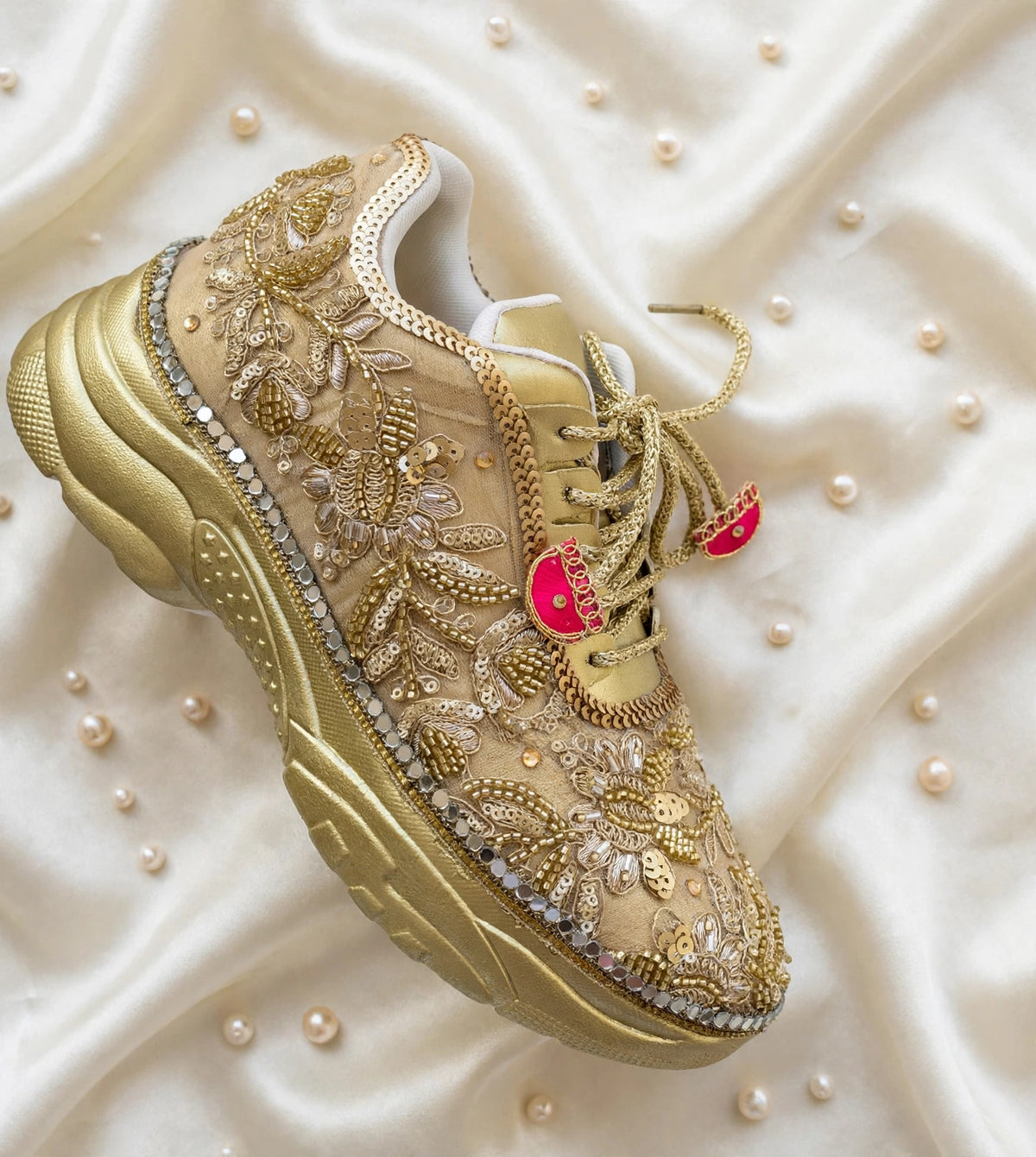 Funky N Trendy hand crafted golden bridal sneakers bridesmaid sneakers/ gold sneakers / golden sneakers / golden embroidery sneakers with tint of hot pink tassels