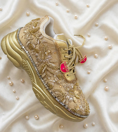Funky N Trendy hand crafted golden bridal sneakers bridesmaid sneakers/ gold sneakers / golden sneakers / golden embroidery sneakers with tint of hot pink tassels