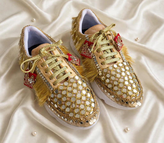 FUNKY N TRENDY gold mirror sneakers for brides /bridesmaids / sneakers for bridesmaids/ handcrafted sneakers/ mirror sneakers / bridal sneakers / bridesmaid sneakers/ gold sneakers / mirror shoes