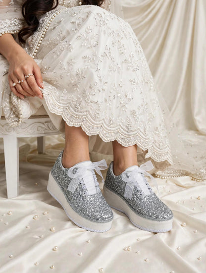 Silver Glitter Platform Bridal Sneakers – Handmade Luxury Wedding Shoes for Brides