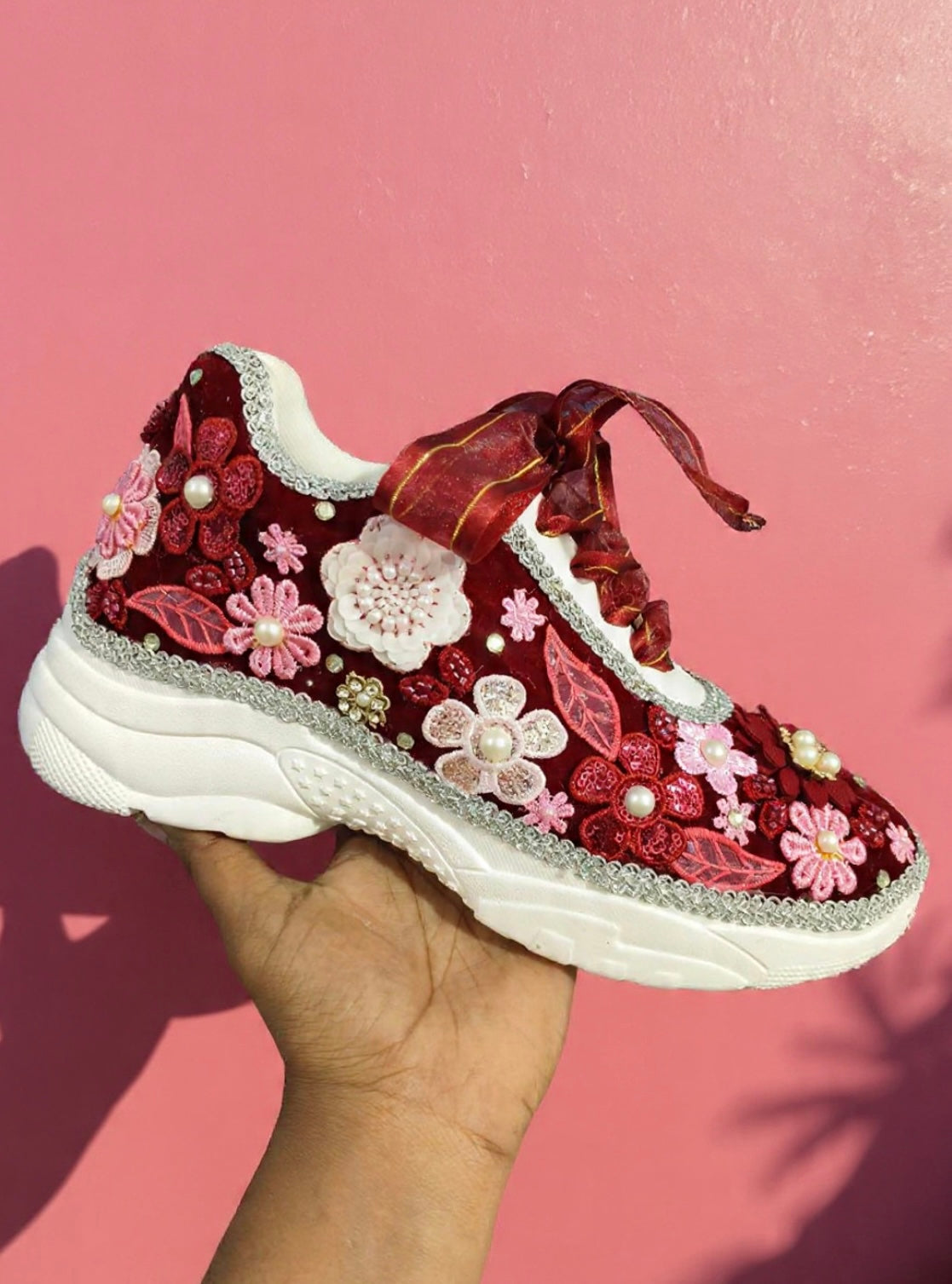 FUNKY N TRENDY maroon/ pink/ floral theme sneakers with pearls detailing for brides / bridesmaids with custom couple name initials/ pink shoes / maroon shoes