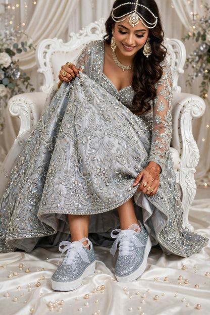 Silver Glitter Platform Bridal Sneakers – Handmade Luxury Wedding Shoes for Brides