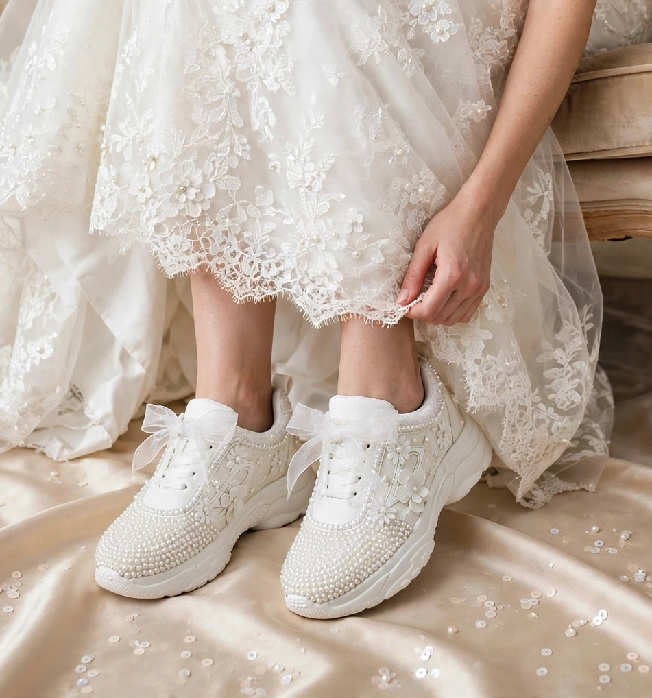PEARL BLOOM - White Pearl Bridal Sneakers with 3D Floral Appliqué & Organza Ribbon Bows | Luxury Wedding Sneakers for Bride