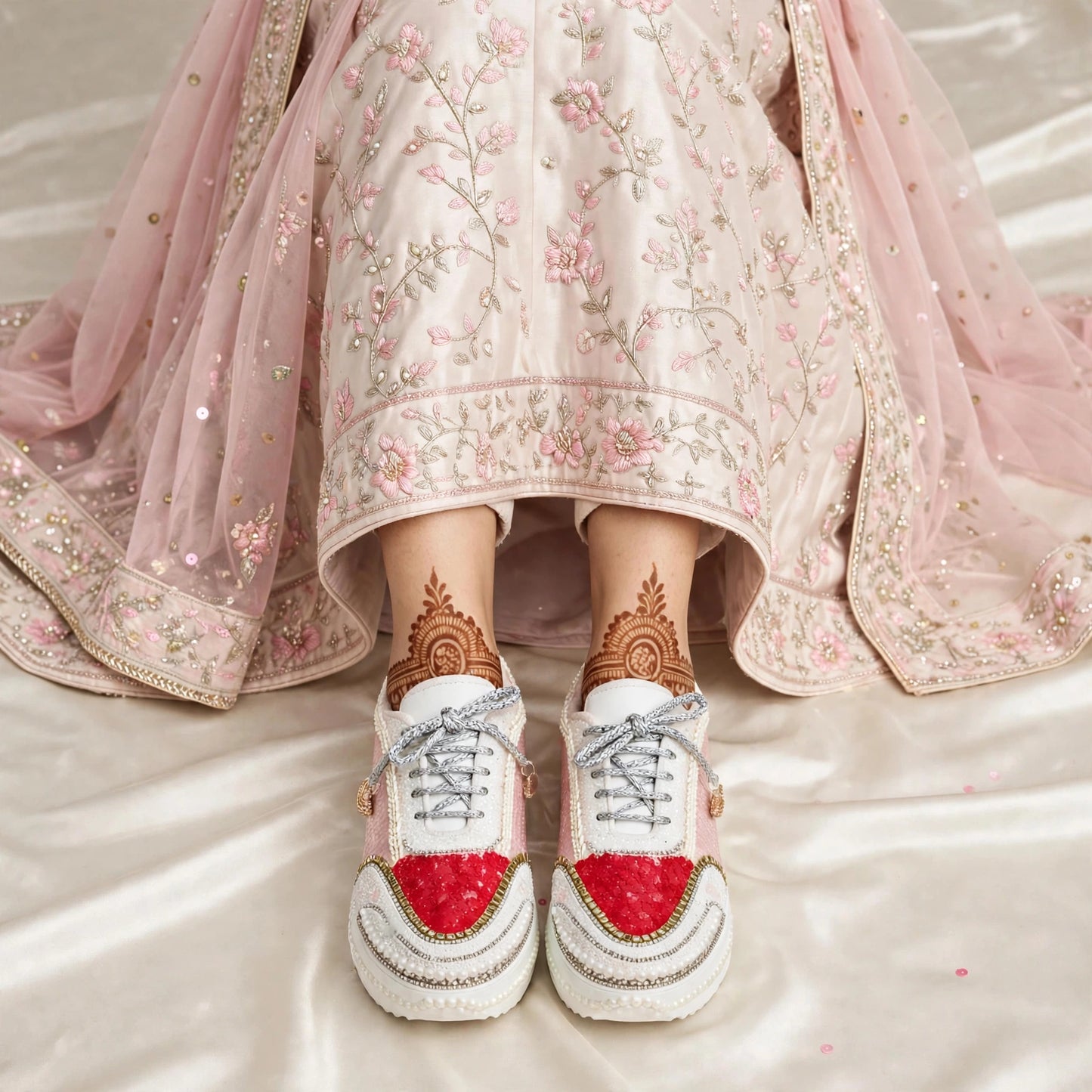FUNKY N TRENDY red and pink theme hand work sneakers for brides / bridesmaids/ pink sneakers / ree sneakers / red and pink shoes / pink and red sneakers