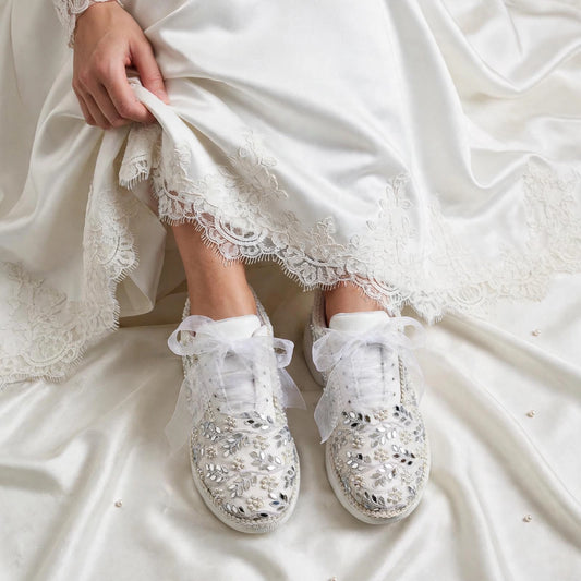 Funky N Trendy white pearl hand work sneakers / bridal sneakers/ sneaker for bride / white sneakers/ pearl sneakers for bride/ bridesmaid sneakers / pearls sneakers / mirror sneakers / white shoes