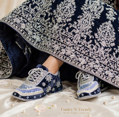 Midnight Blue Velvet Bridal Sneakers with Silver Cutdana & Crystal Embellishments