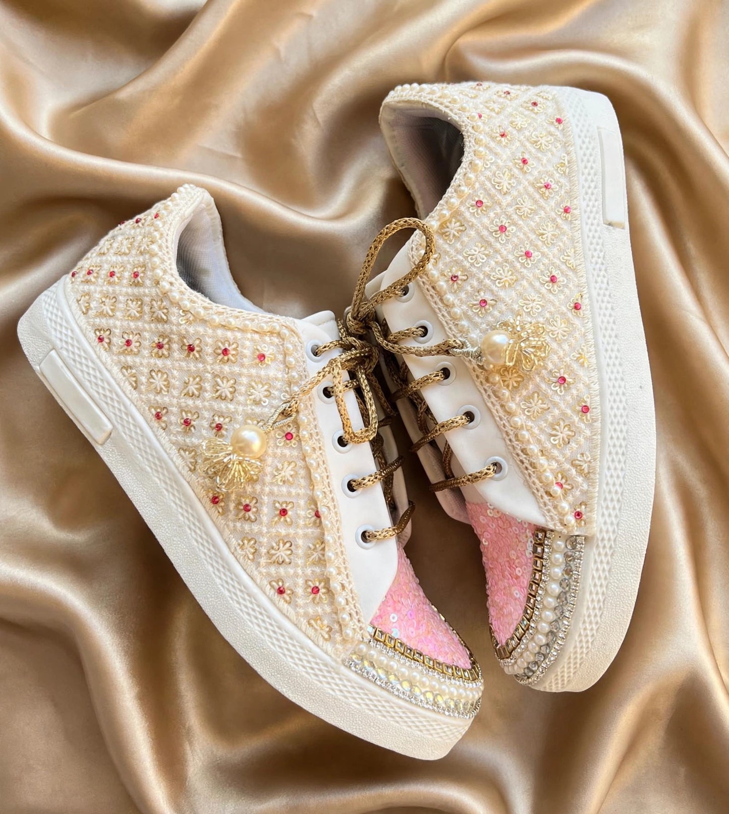 Funky N Trendy ivory and pink embroidery work bridal sneakers/ bridesmaid sneaker / golden sneakers/ pink sneakers / sequine work sneakers/ pink shoes