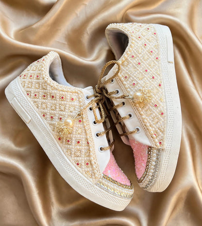 Funky N Trendy ivory and pink embroidery work bridal sneakers/ bridesmaid sneaker / golden sneakers/ pink sneakers / sequine work sneakers/ pink shoes
