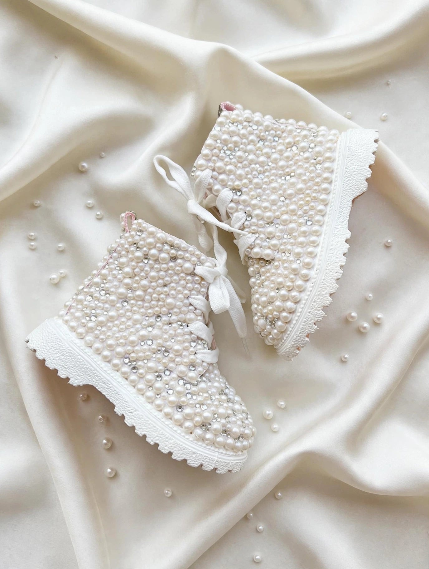 Funky N Trendy – White Pearl Bridal Boots for Baby Girls | Crystal Embellished Birthday Boots with Zipper