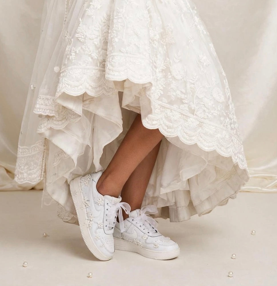 Bridal Floral Lace Sneakers | Custom White Wedding Sneakers with Pearl Embellishments
