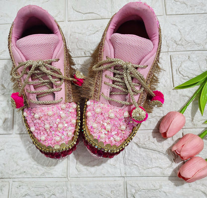 Funky N Trendy Hot pink sequine work with stone detailing bridal sneakers/ bridesmaid sneaker / golden sneakers/ hot pink sneakers / pink shoes for bride/ rani pink sneakers
