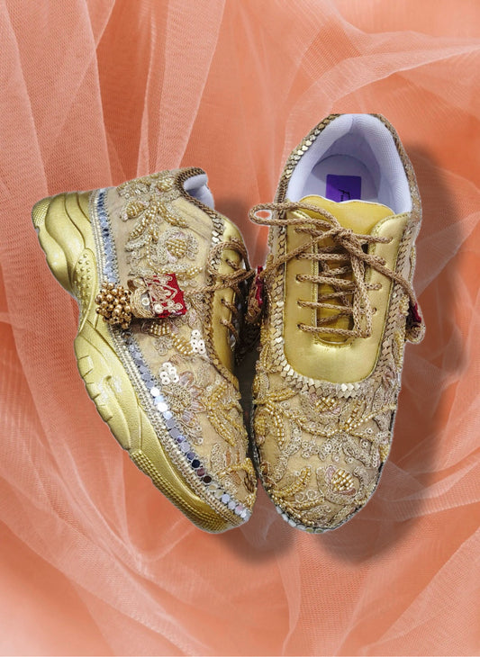Funky N Trendy hand crafted golden bridal sneakers bridesmaid sneakers/ gold sneakers / golden sneakers / mirror sneakers/hand embroidered sneakers
