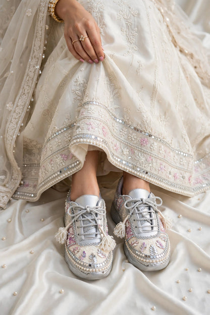 Ivory Blossom - Pearl & Mirror Work Lavender Silver Bridal Sneakers with Latkans