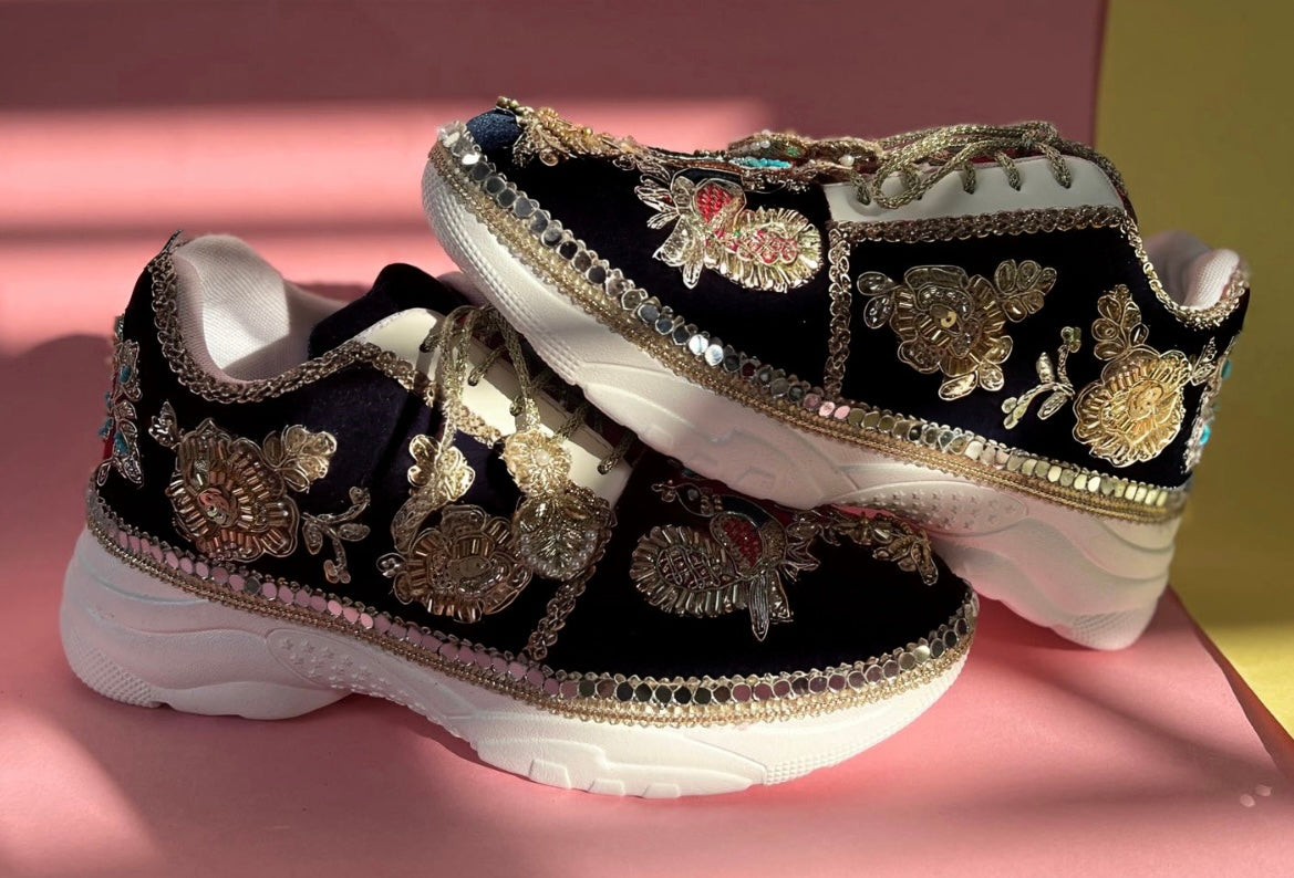 Funky N Trendy handcrafted hand embroidered cutdana work bridal sneakers/ bridesmaid sneaker / black sneakers /black boho sneakers/ black shoes/ unisex shoes / men shoes / women shoes