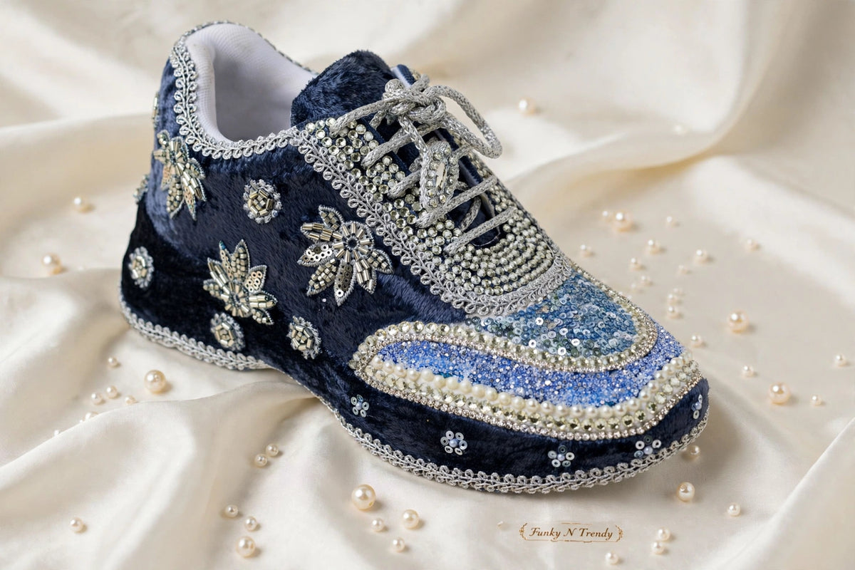 Midnight Blue Velvet Bridal Sneakers with Silver Cutdana & Crystal Embellishments