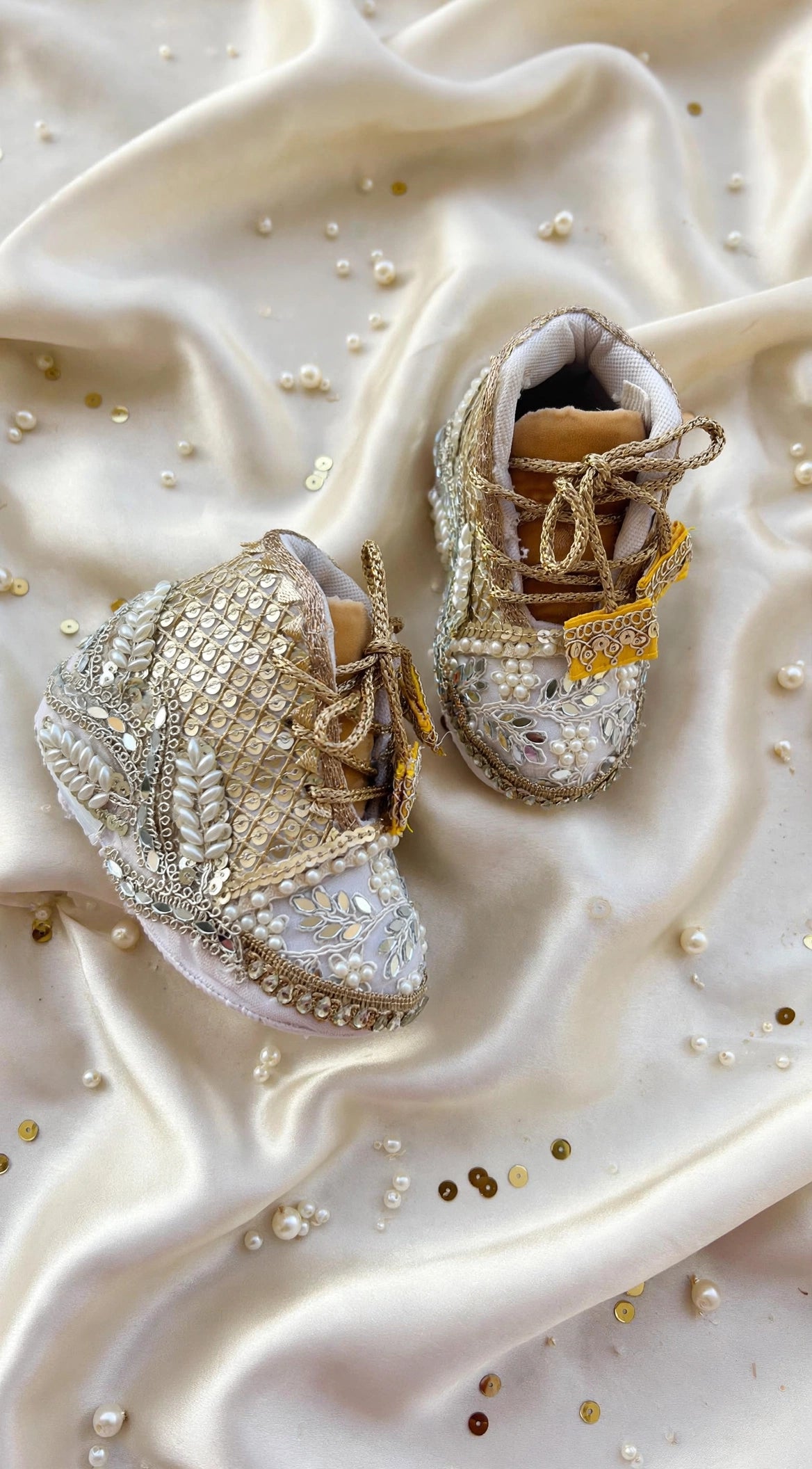 Aaira - Ivory & Gold Baby Girl Ethnic Sneakers | Pearl & Mirror Work First Birthday Shoes