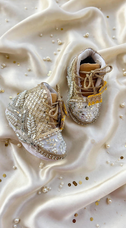 Aaira - Ivory & Gold Baby Girl Ethnic Sneakers | Pearl & Mirror Work First Birthday Shoes