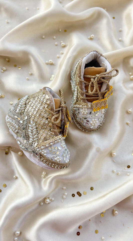 Aaira - Ivory & Gold Baby Girl Ethnic Sneakers | Pearl & Mirror Work First Birthday Shoes