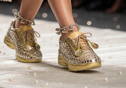 Golden Mirror – Bridal Sneakers with Dual Latkans | Gold Chunky Sneakers for Sangeet