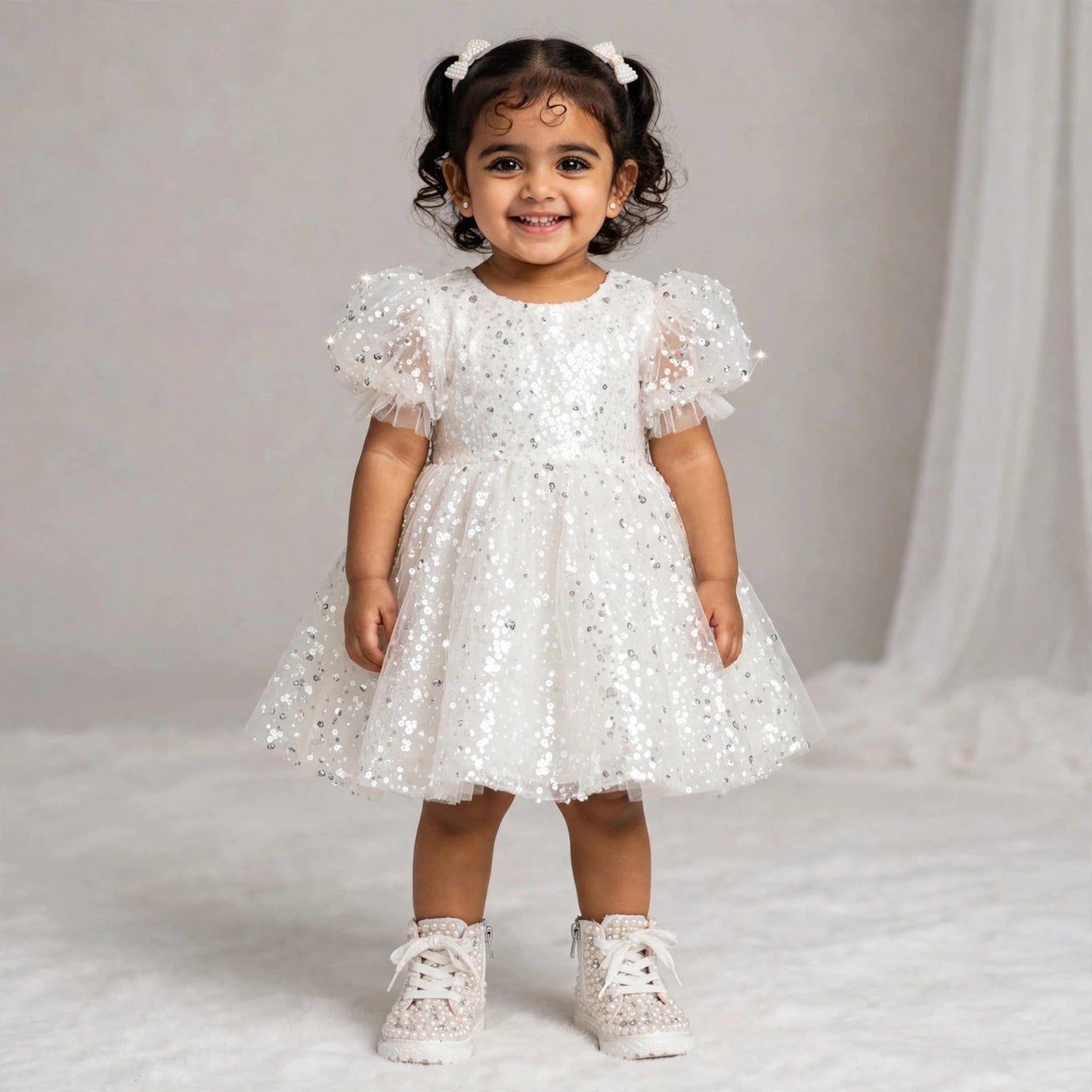 Funky N Trendy – White Pearl Bridal Boots for Baby Girls | Crystal Embellished Birthday Boots with Zipper