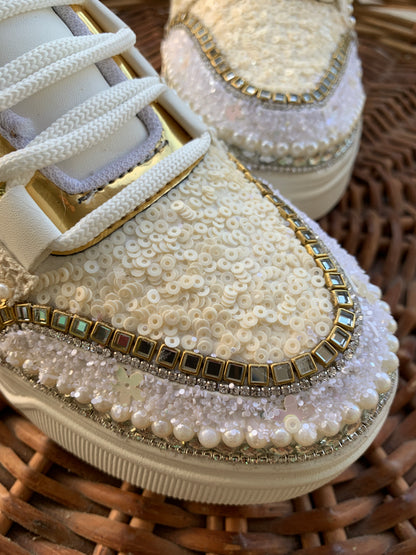 FUNKY N TRENDY ivory minimalistic sneakers with pearl detailing for brides /bridesmaids / sneakers for bridesmaids/ handcrafted sneakers/ sequine sneakers / bridal sneakers / bridesmaid sneakers/ ivory sneakers / minimal shoes