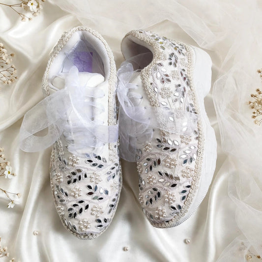 Funky N Trendy white pearl hand work sneakers / bridal sneakers/ sneaker for bride / white sneakers/ pearl sneakers for bride/ bridesmaid sneakers / pearls sneakers / mirror sneakers / white shoes