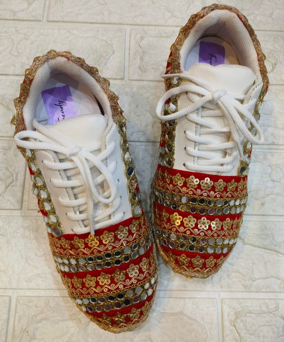FUNKY N TRENDY red sneakers for brides /bridesmaids / sneakers for bridesmaids/ handcrafted sneakers/ mirror sneakers / bridal sneakers / bridesmaid sneakers/ gold sneakers / red sneakers
