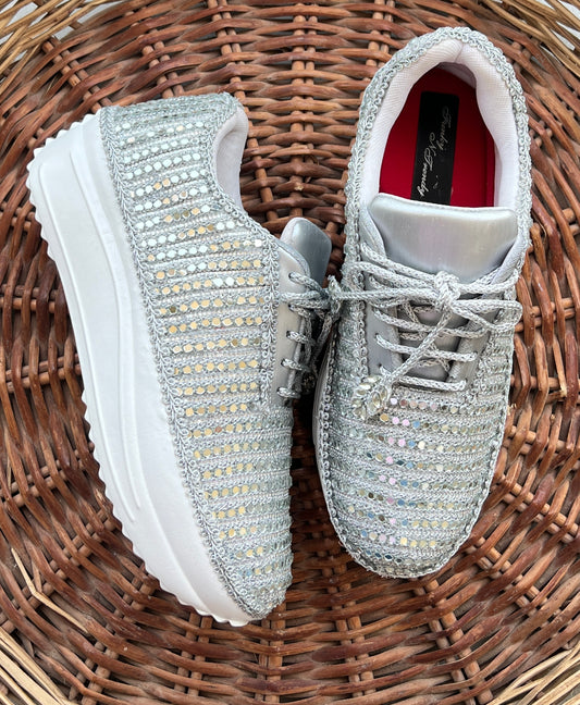 FUNKY N TRENDY Full mirror work silver sneakers for brides / bridesmaids/ silver sneakers / mirror sneakers / silver shoes