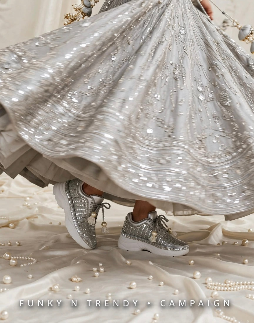 FUNKY N TRENDY Silver mirror hand work sneakers for brides / bridesmaids/ silver sneakers / silver mirror sneakers / silver shoes/ mirrror shoes