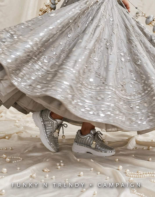 FUNKY N TRENDY Silver mirror hand work sneakers for brides / bridesmaids/ silver sneakers / silver mirror sneakers / silver shoes/ mirrror shoes