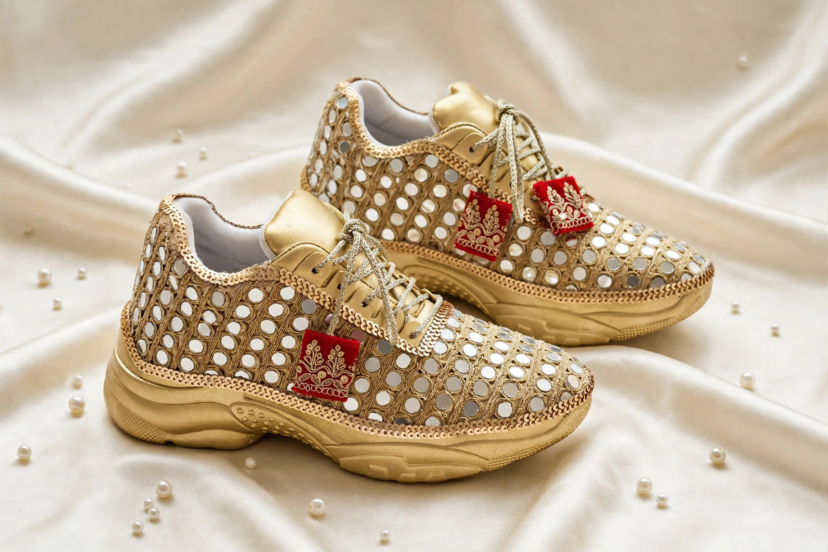 FUNKY N TRENDY gold mirror heeled sneakers for brides and bridesmaids