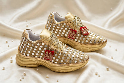 FUNKY N TRENDY gold mirror heeled sneakers for brides and bridesmaids