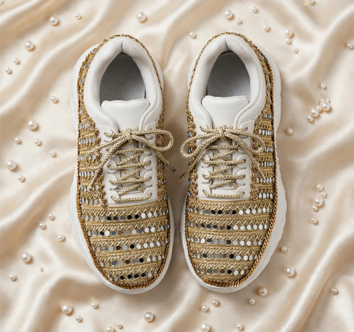 FUNKY N TRENDY dull gold mirror heeled sneakers for brides /bridesmaids / sneakers for bridesmaids/ handcrafted sneakers/ mirror sneakers / bridal sneakers / bridesmaid sneakers/ gold sneakers / mirror shoes