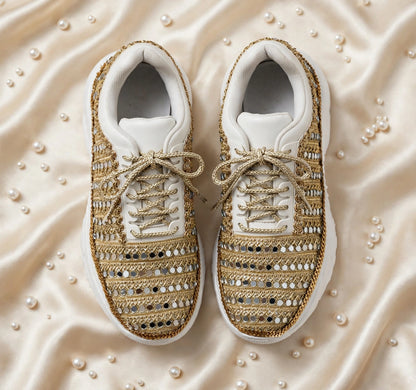 FUNKY N TRENDY dull gold mirror heeled sneakers for brides /bridesmaids / sneakers for bridesmaids/ handcrafted sneakers/ mirror sneakers / bridal sneakers / bridesmaid sneakers/ gold sneakers / mirror shoes