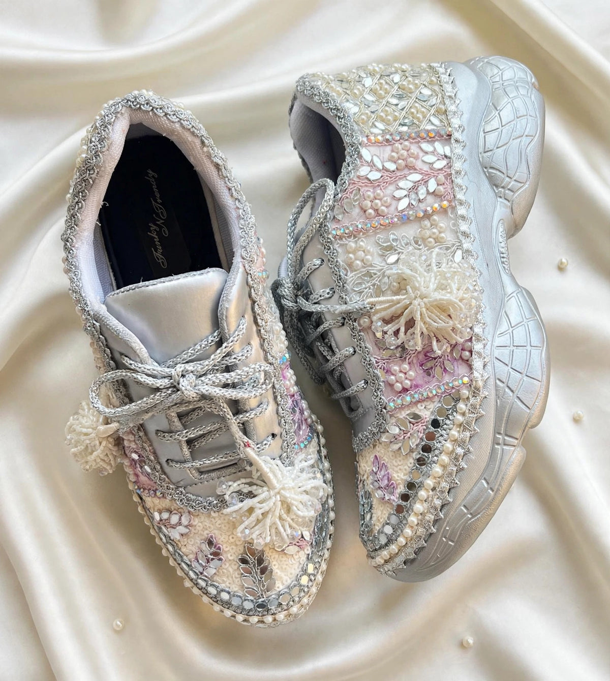 Ivory Blossom - Pearl & Mirror Work Lavender Silver Bridal Sneakers with Latkans