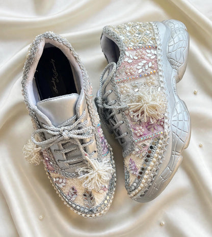 Ivory Blossom - Pearl & Mirror Work Lavender Silver Bridal Sneakers with Latkans
