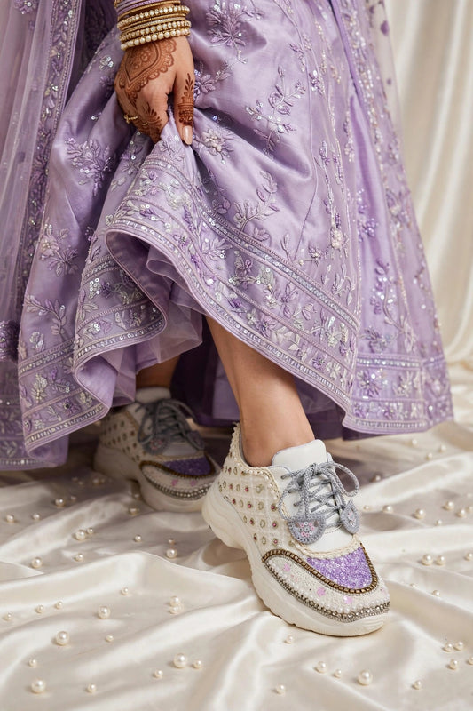 Funky N Trendy ivory and purple embroidery work bridal sneakers/ bridesmaid sneaker / lavender sneakers/ lilac sneakers / sequine work sneakers/ purple shoes/ silver sneakers