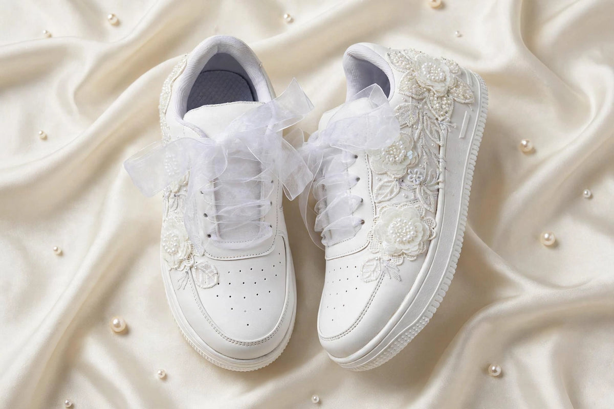 ELARA - Handcrafted White Floral Pearl Bridal Sneakers with Organza Ribbon Laces