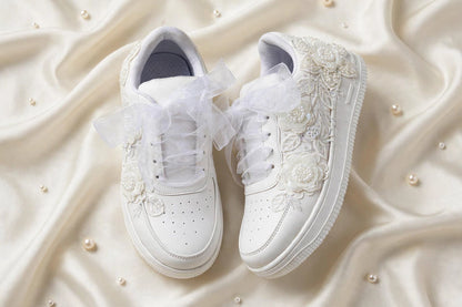 ELARA - Handcrafted White Floral Pearl Bridal Sneakers with Organza Ribbon Laces