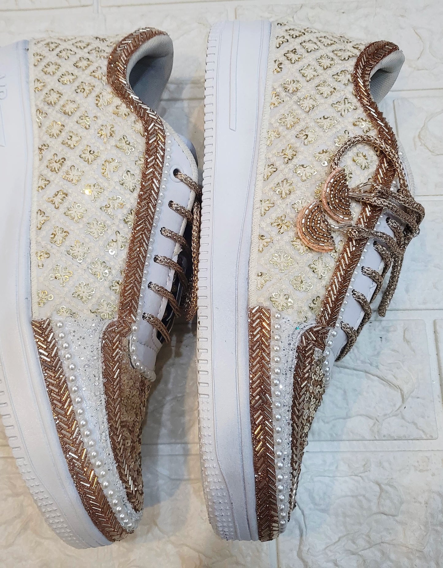 FUNKY N TRENDY tan peach with ivory color hand work sneakers for brides / bridesmaids/ rose gold sneakers / rose gold shoes