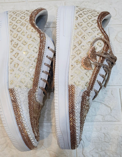 FUNKY N TRENDY tan peach with ivory color hand work sneakers for brides / bridesmaids/ rose gold sneakers / rose gold shoes