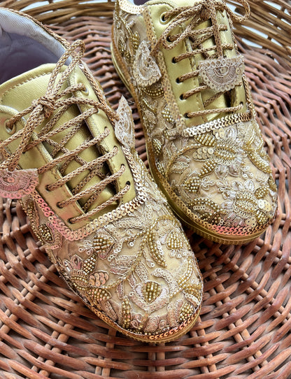 Funky N Trendy Handcrafted Golden Bridal Sneakers – Custom cutdana Embroidery for Brides & Bridesmaids