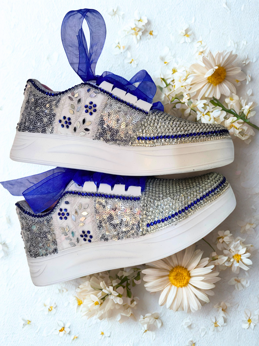 FUNKY N TRENDY rhinestone work bridal sneakers / bridesmaid sneakers/ silver sneakers / silver shoes/ rhinestone sneakers mirror shoes/ bride shoes/ embroidered shoes/ silver and blue sneakers