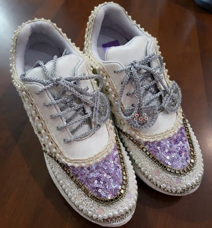 Funky N Trendy ivory and purple embroidery work bridal sneakers/ bridesmaid sneaker / lavender sneakers/ lilac sneakers / sequine work sneakers/ purple shoes/ silver sneakers
