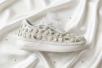 Pearl Embellished Bridal Sneakers – Handmade Wedding Shoes for Brides & Bridesmaids with customized name / hashtag