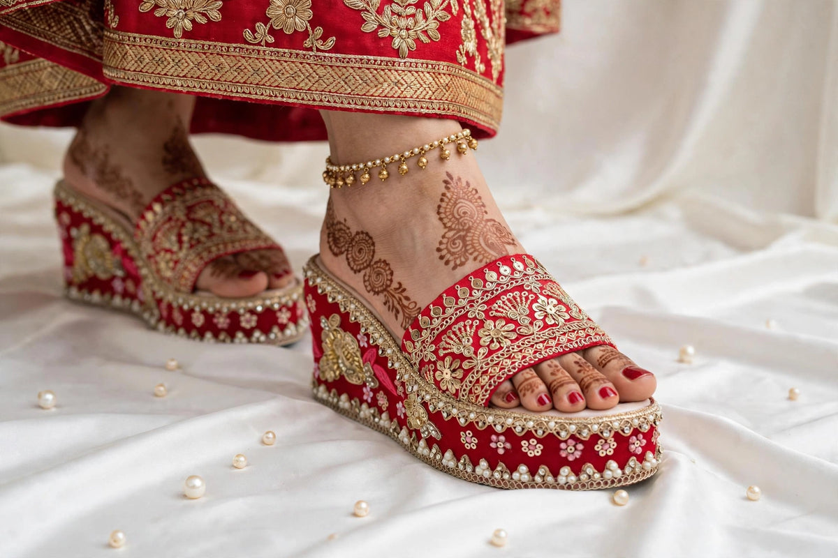 Handcrafted Bridal Embroidered Wedges - Red / Gold
