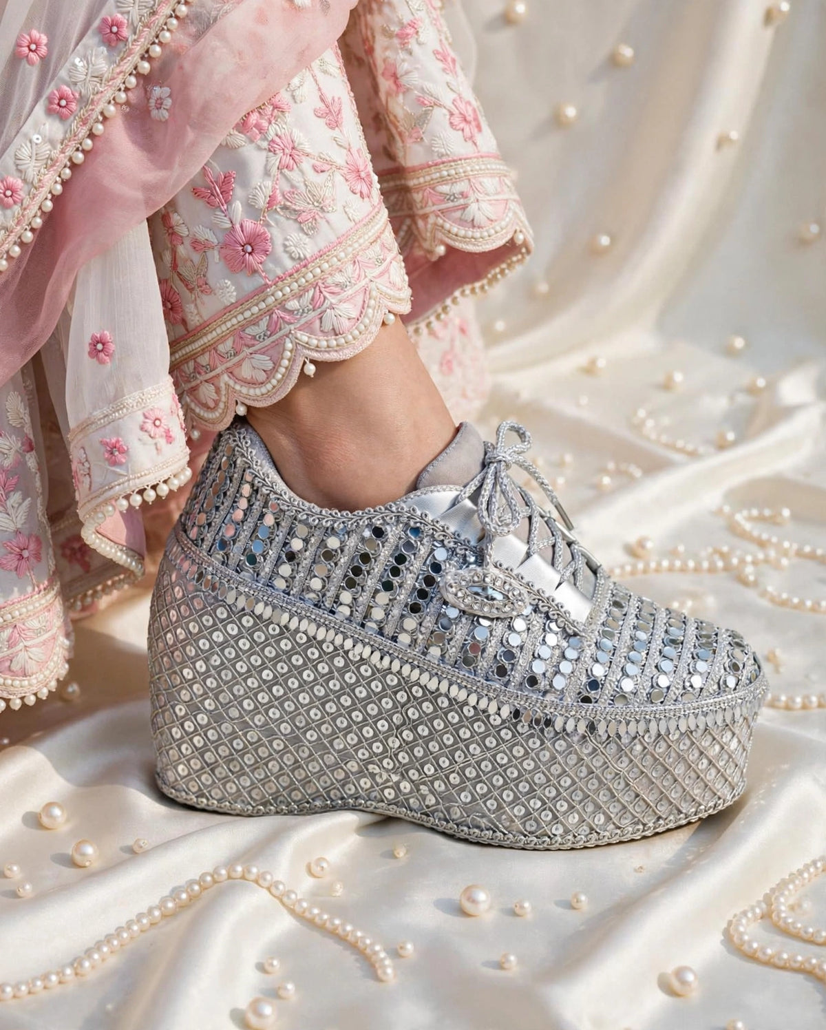 FUNKY N TRENDY Silver Mirror work sneakers - wedge sneakers heeled sneakers/ silver sneakers